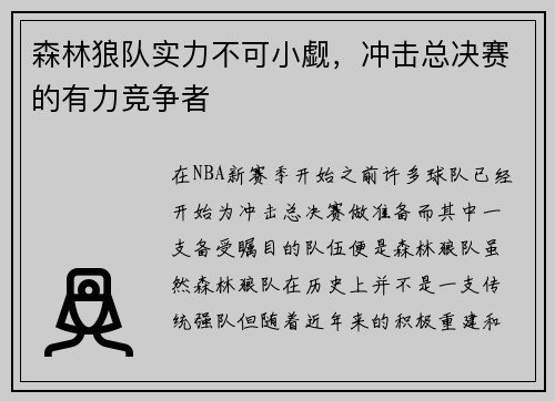 森林狼队实力不可小觑，冲击总决赛的有力竞争者